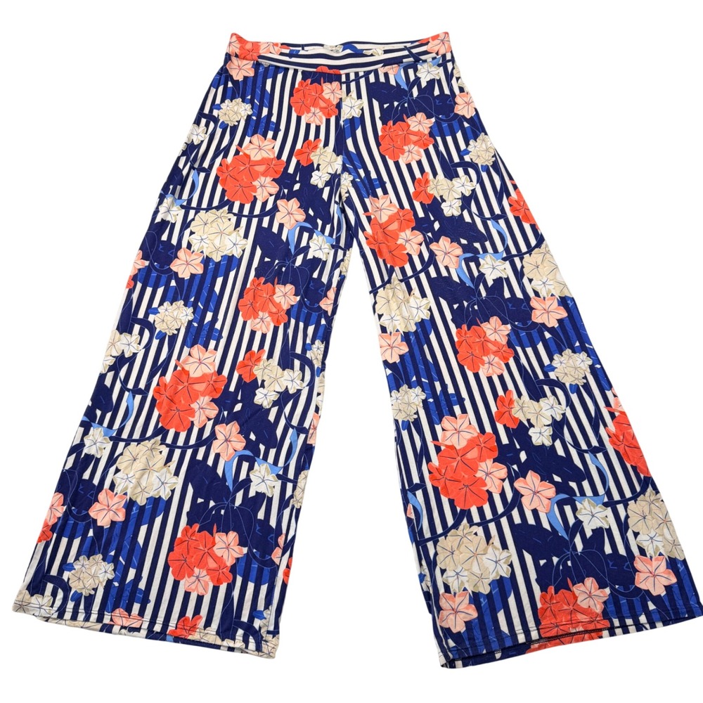 Arianne Floral Stripe Wide Leg Palazzo Pants XL Blue Orange Boho Made in Canada